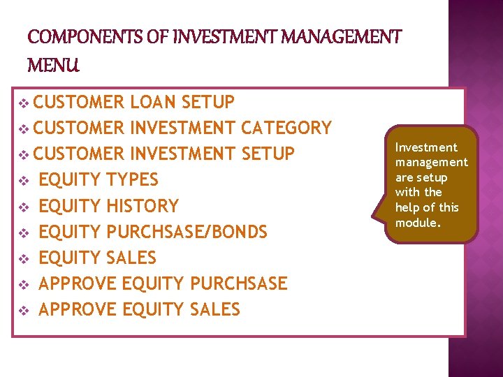 COMPONENTS OF INVESTMENT MANAGEMENT MENU v CUSTOMER LOAN SETUP v CUSTOMER INVESTMENT CATEGORY v