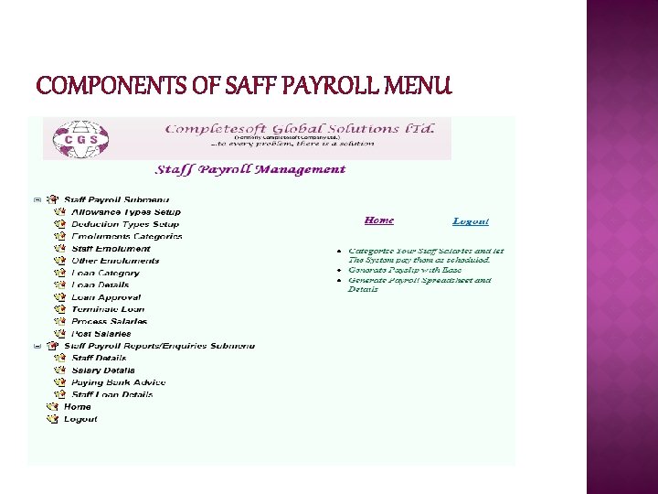 COMPONENTS OF SAFF PAYROLL MENU 