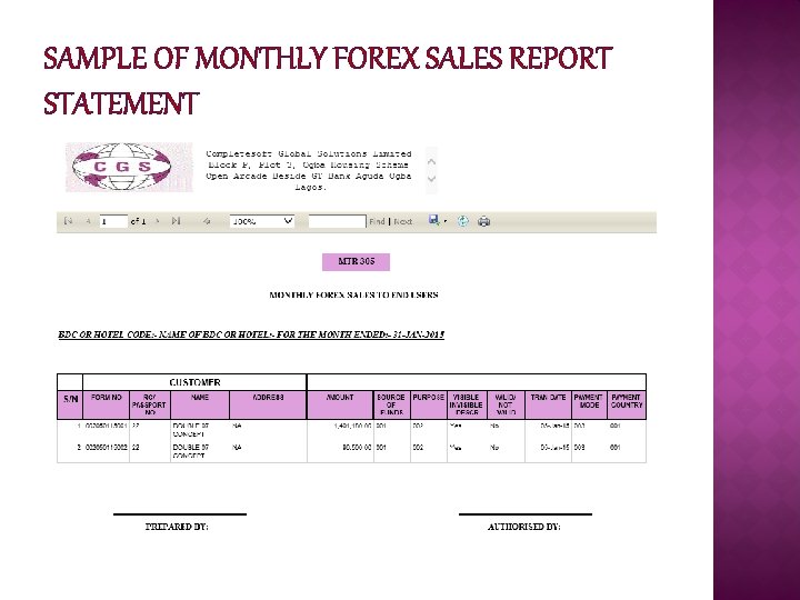 SAMPLE OF MONTHLY FOREX SALES REPORT STATEMENT 