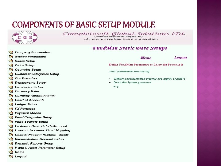 COMPONENTS OF BASIC SETUP MODULE 