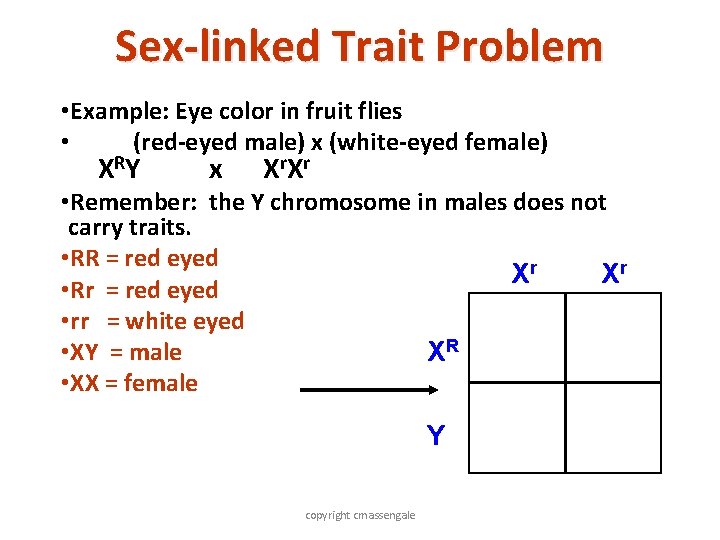 Sex-linked Trait Problem • Example: Eye color in fruit flies • (red-eyed male) x