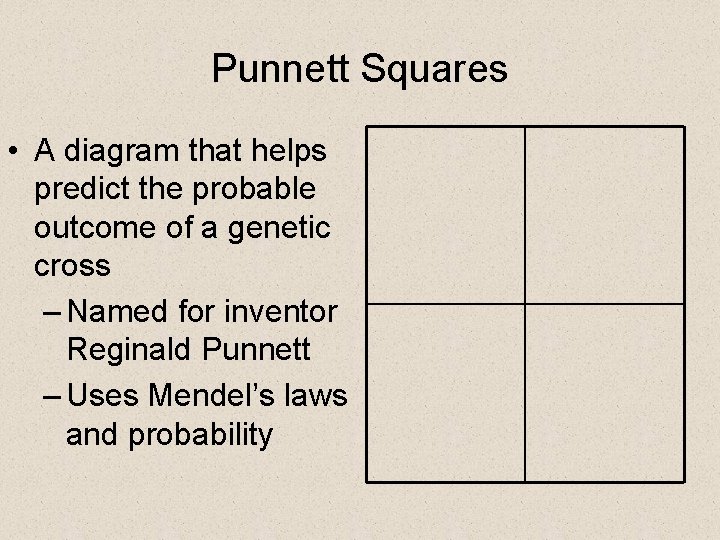 Punnett Squares • A diagram that helps predict the probable outcome of a genetic