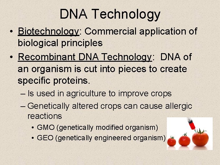 DNA Technology • Biotechnology: Commercial application of biological principles • Recombinant DNA Technology: DNA
