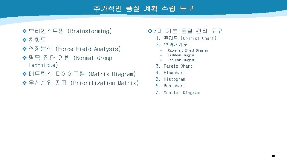 추가적인 품질 계획 수립 도구 v 브레인스토밍 (Brainstorming) v 친화도 v 역장분석 (Force Field