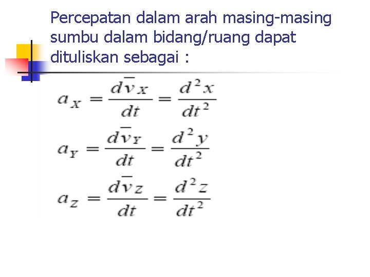 Percepatan dalam arah masing-masing sumbu dalam bidang/ruang dapat dituliskan sebagai : 