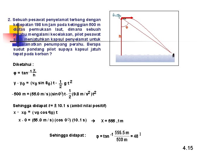 2. Sebuah pesawat penyelamat terbang dengan kecepatan 198 km/jam pada ketinggian 500 m diatas