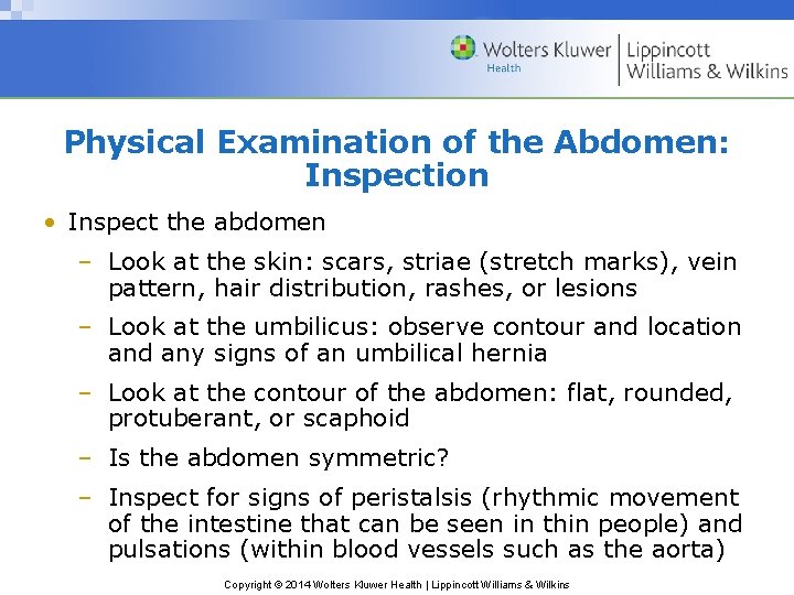 Physical Examination of the Abdomen: Inspection • Inspect the abdomen – Look at the