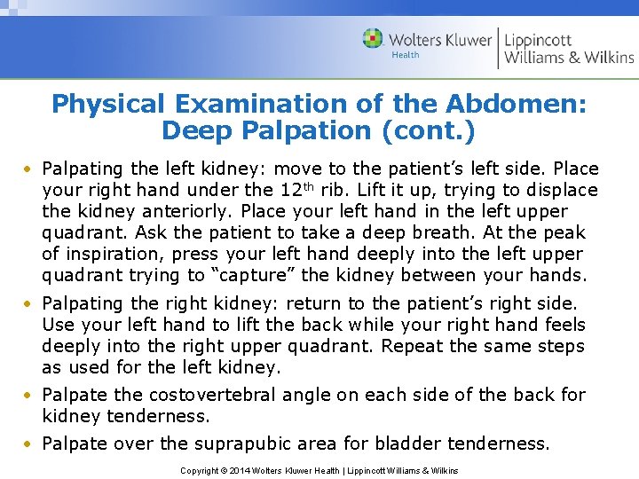 Physical Examination of the Abdomen: Deep Palpation (cont. ) • Palpating the left kidney: