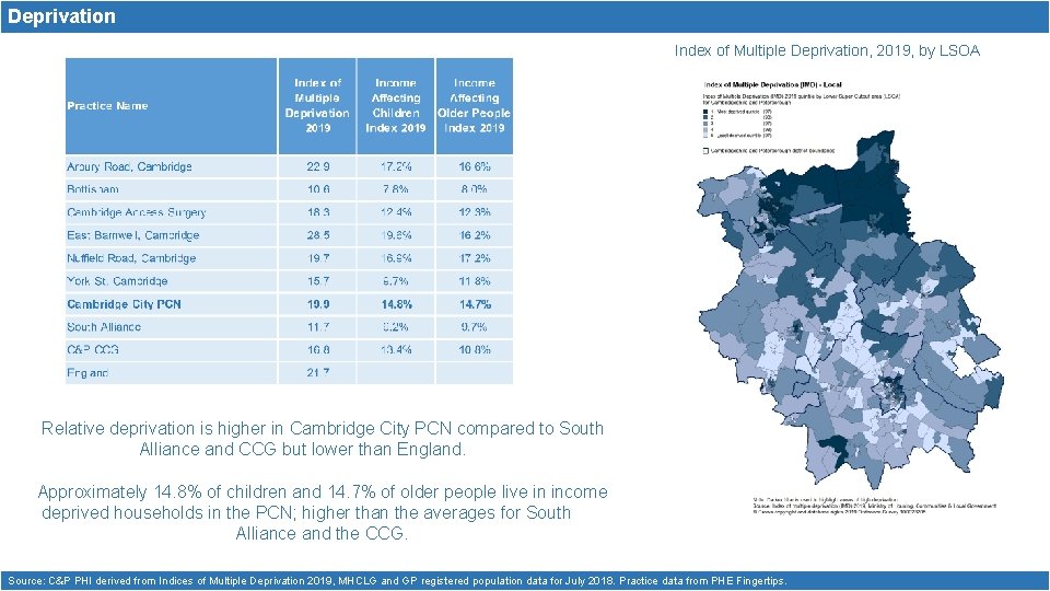 Deprivation Index of Multiple Deprivation, 2019, by LSOA Relative deprivation is higher in Cambridge