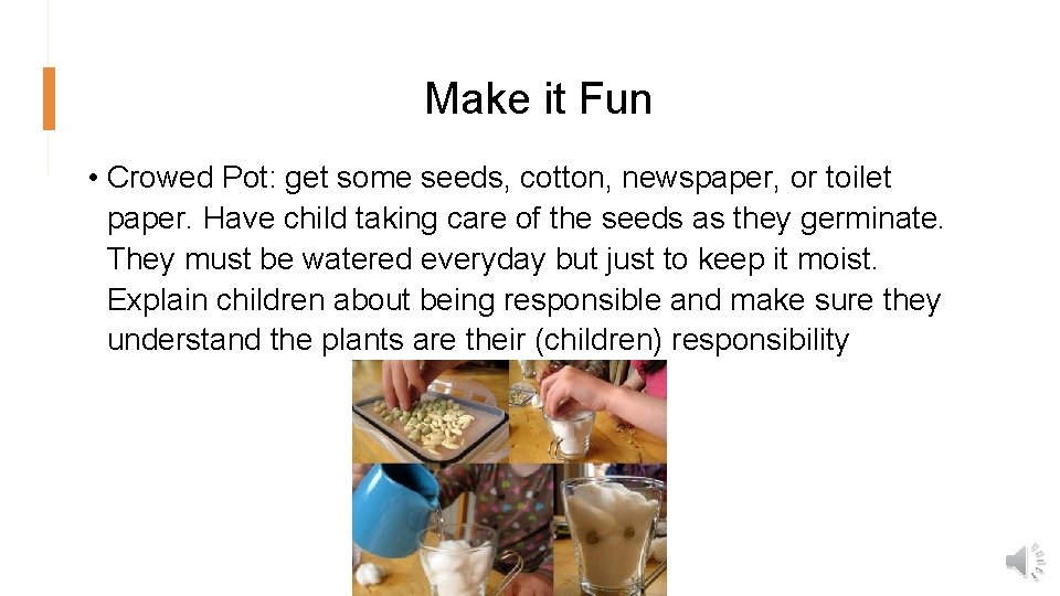 Make it Fun • Crowed Pot: get some seeds, cotton, newspaper, or toilet paper.