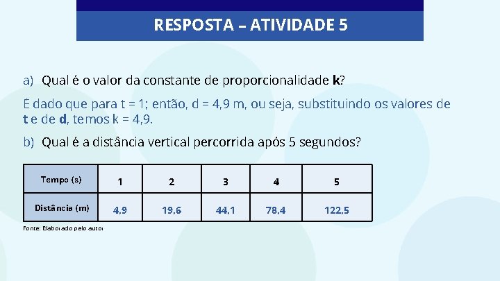 RESPOSTA – ATIVIDADE 5 a) Qual e o valor da constante de proporcionalidade k?