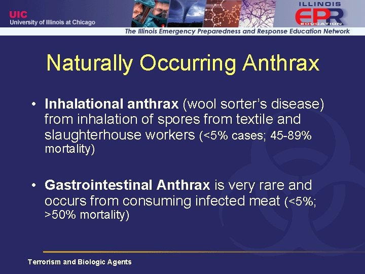 Naturally Occurring Anthrax • Inhalational anthrax (wool sorter’s disease) from inhalation of spores from