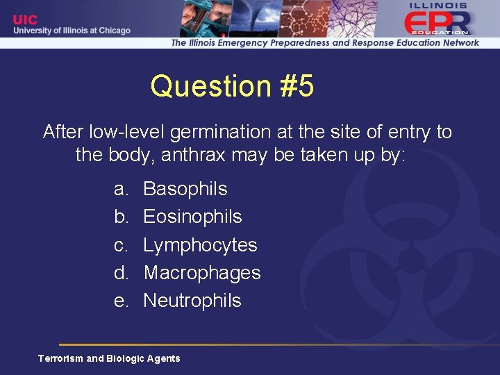 Question #5 After low-level germination at the site of entry to the body, anthrax