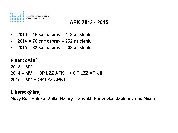 APK 2013 - 2015 • • • 2013 = 46 samospráv – 148 asistentů