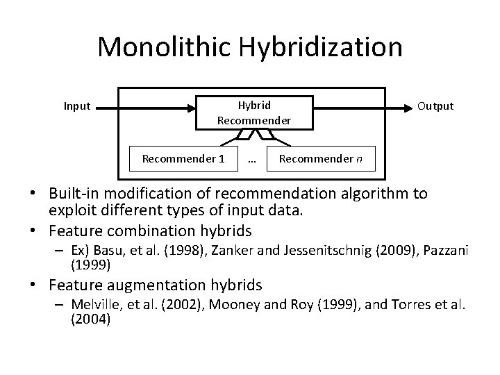 Monolithic Hybridization Input Hybrid Recommender 1 … Output Recommender n • Built-in modification of