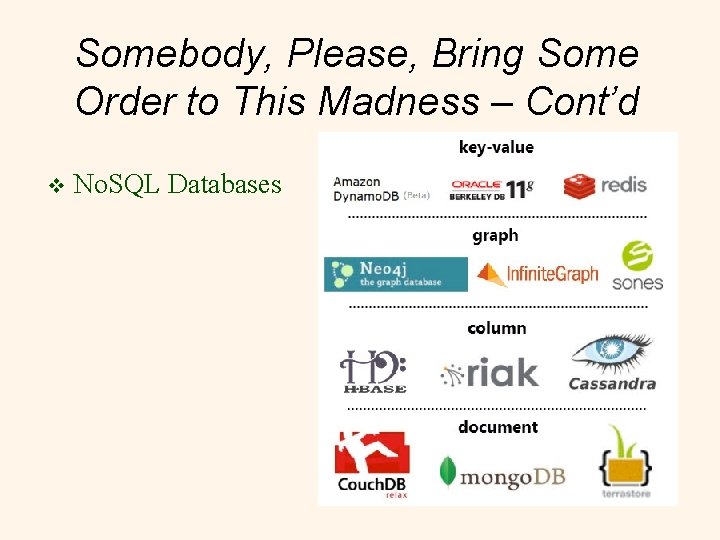 Somebody, Please, Bring Some Order to This Madness – Cont’d v No. SQL Databases