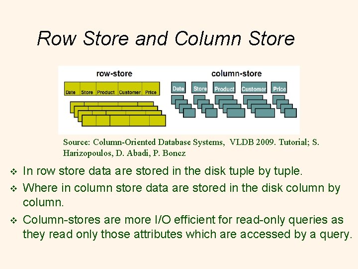 Row Store and Column Store Source: Column-Oriented Database Systems, VLDB 2009. Tutorial; S. Harizopoulos,