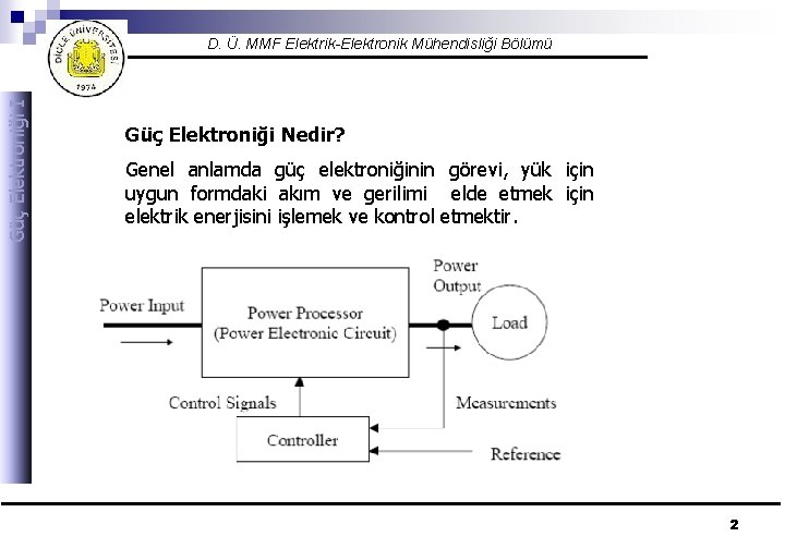Güç Elektroniği I D. Ü. MMF Elektrik-Elektronik Mühendisliği Bölümü Güç Elektroniği Nedir? Genel anlamda