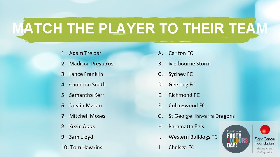 MATCH THE PLAYER TO THEIR TEAM 1. Adam Treloar A. Carlton FC 2. Madison