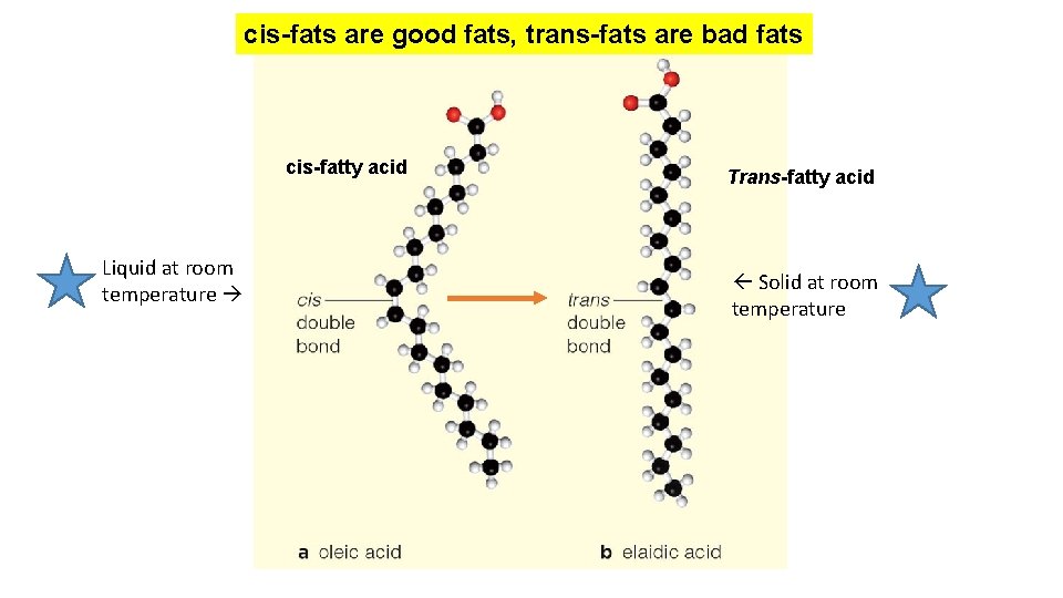 cis-fats are good fats, trans-fats are bad fats cis-fatty acid Liquid at room temperature