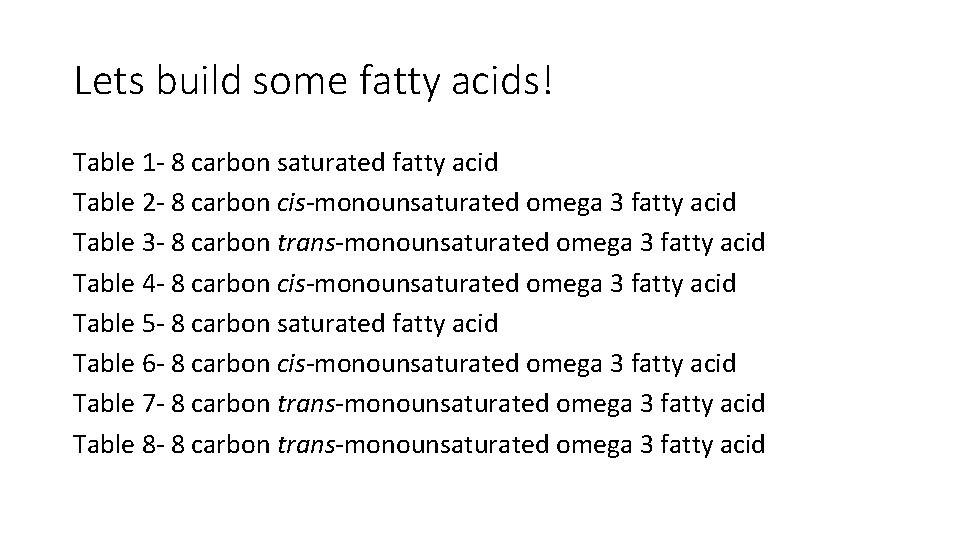 Lets build some fatty acids! Table 1 - 8 carbon saturated fatty acid Table