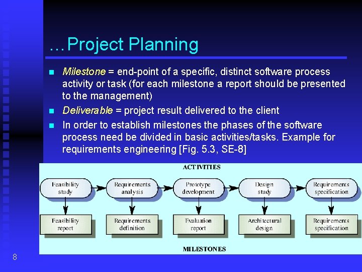…Project Planning Milestone = end-point of a specific, distinct software process activity or task