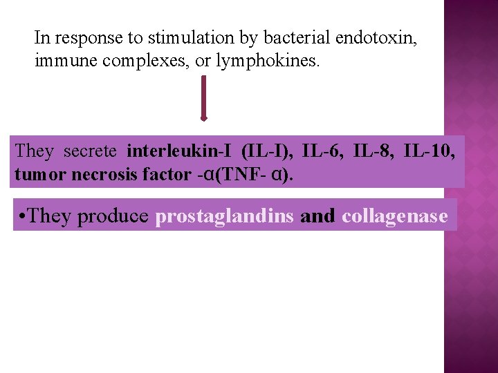 In response to stimulation by bacterial endotoxin, immune complexes, or lymphokines. They secrete interleukin-I