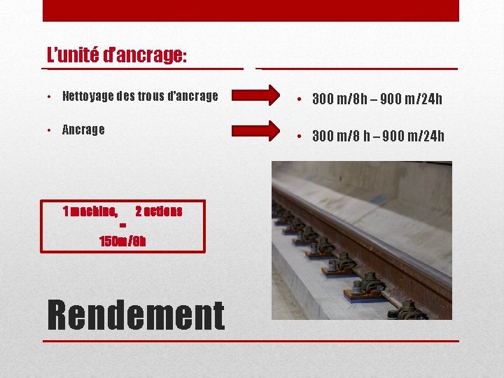 L’unité d’ancrage: • Nettoyage des trous d’ancrage • 300 m/8 h – 900 m/24