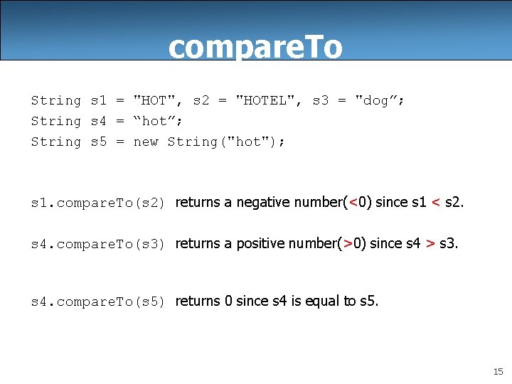 compare. To String s 1 = "HOT", s 2 = "HOTEL", s 3 =