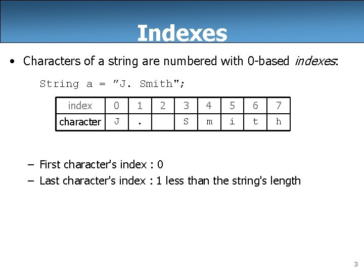 Indexes • Characters of a string are numbered with 0 -based indexes: String a