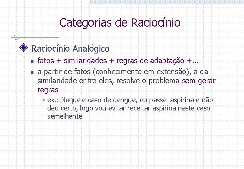 Categorias de Raciocínio Analógico n n fatos + similaridades + regras de adaptação +.