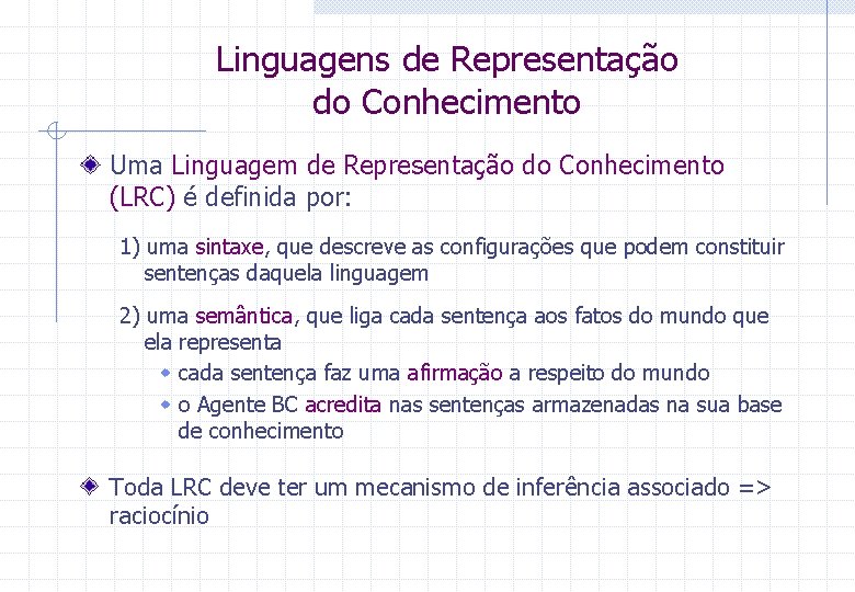 Linguagens de Representação do Conhecimento Uma Linguagem de Representação do Conhecimento (LRC) é definida