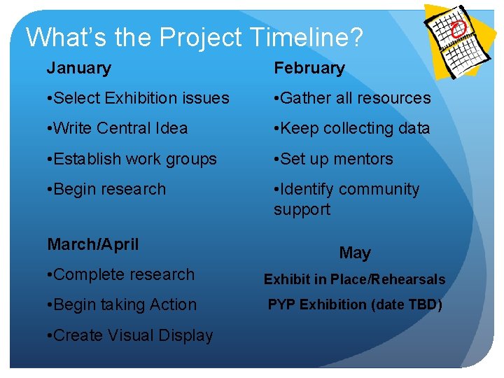 What’s the Project Timeline? January February • Select Exhibition issues • Gather all resources
