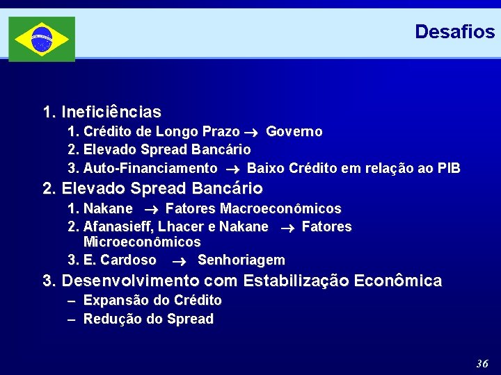 Desafios 1. Ineficiências 1. Crédito de Longo Prazo Governo 2. Elevado Spread Bancário 3.