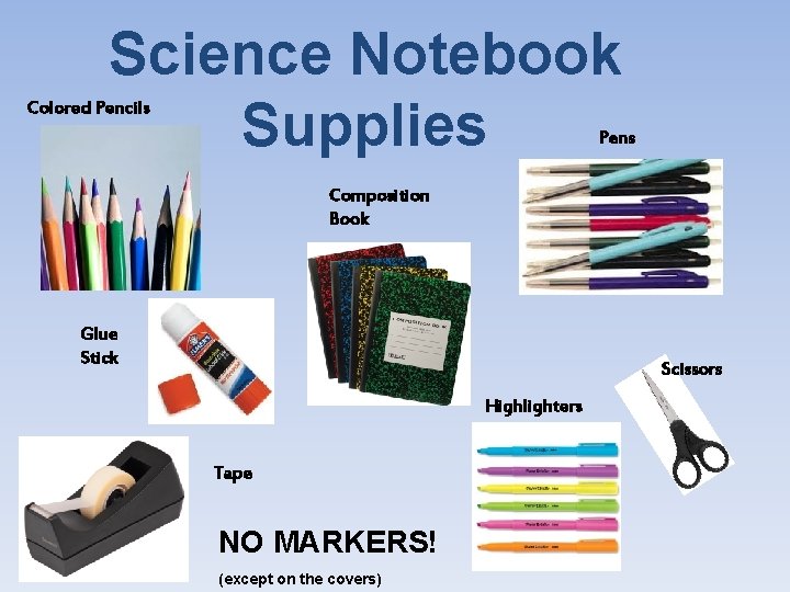 Science Notebook Supplies Colored Pencils Pens Composition Book Glue Stick Scissors Highlighters Tape NO