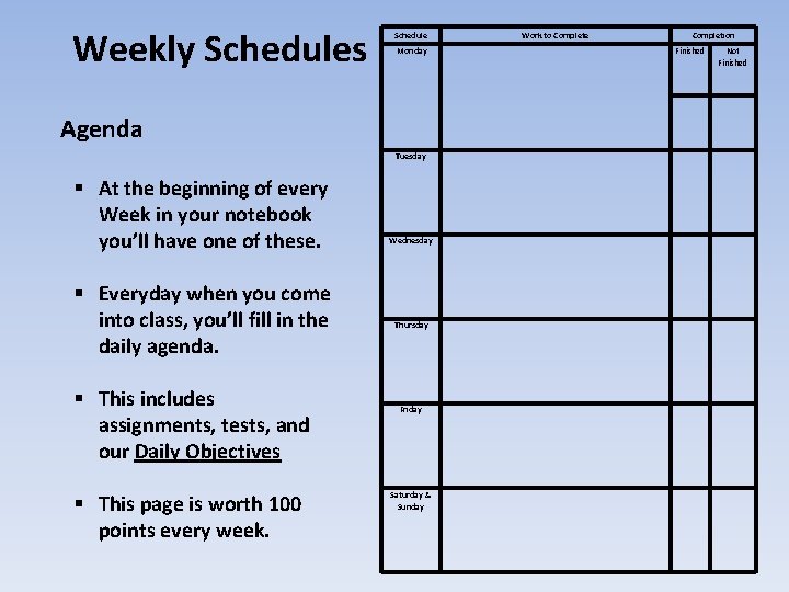 Weekly Schedules Schedule Monday Work to Complete Completion Finished Not Finished Agenda § At