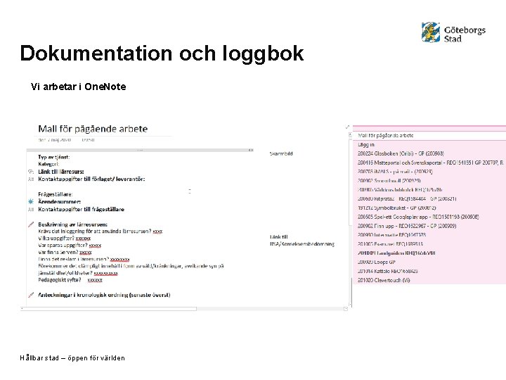 Dokumentation och loggbok Vi arbetar i One. Note Hållbar stad – öppen för världen