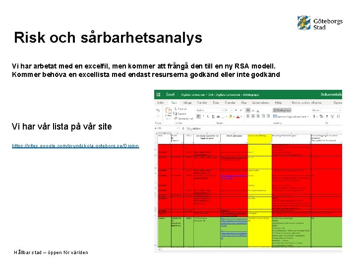 Risk och sårbarhetsanalys Vi har arbetat med en excelfil, men kommer att frångå den