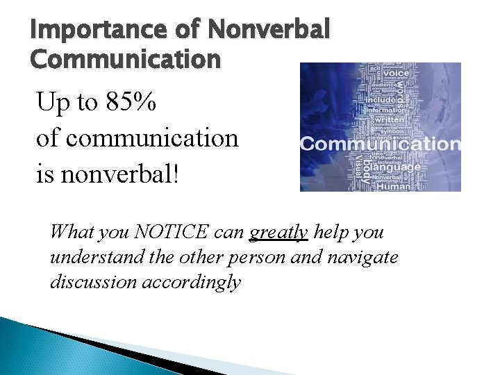 Importance of Nonverbal Communication Up to 85% of communication is nonverbal! What you NOTICE