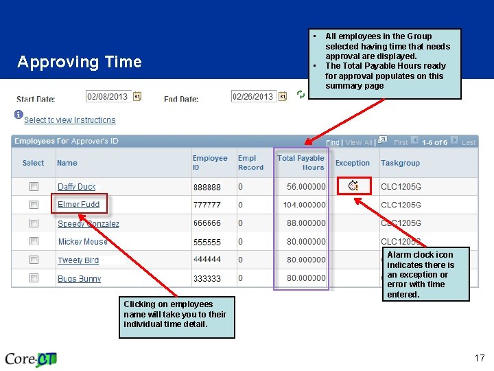  • Approving Time • All employees in the Group selected having time that