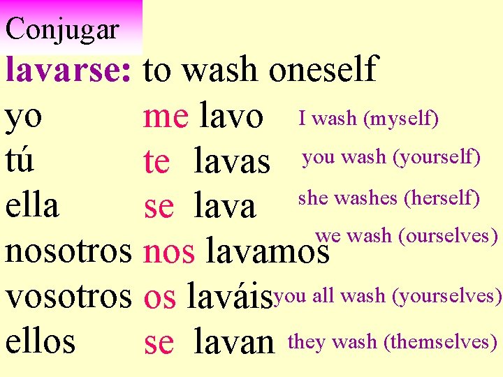 Conjugar lavarse: to wash oneself yo me lavo I wash (myself) tú te lavas