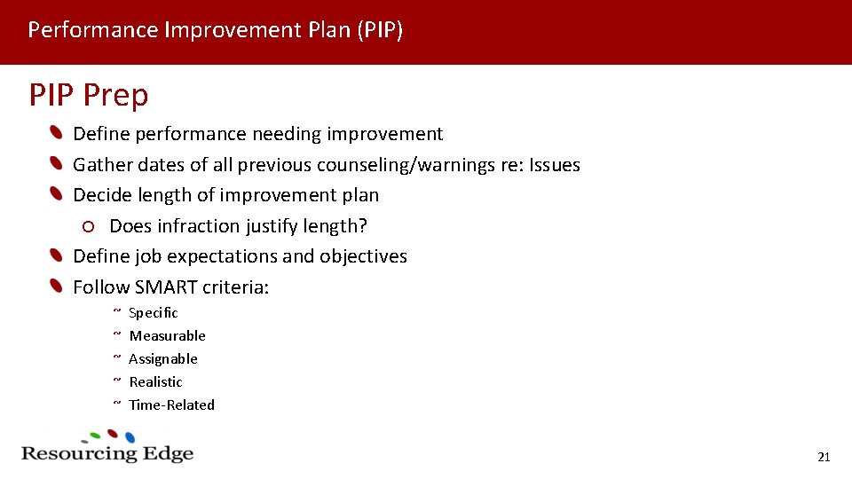 Performance Improvement Plan (PIP) PIP Prep Define performance needing improvement Gather dates of all