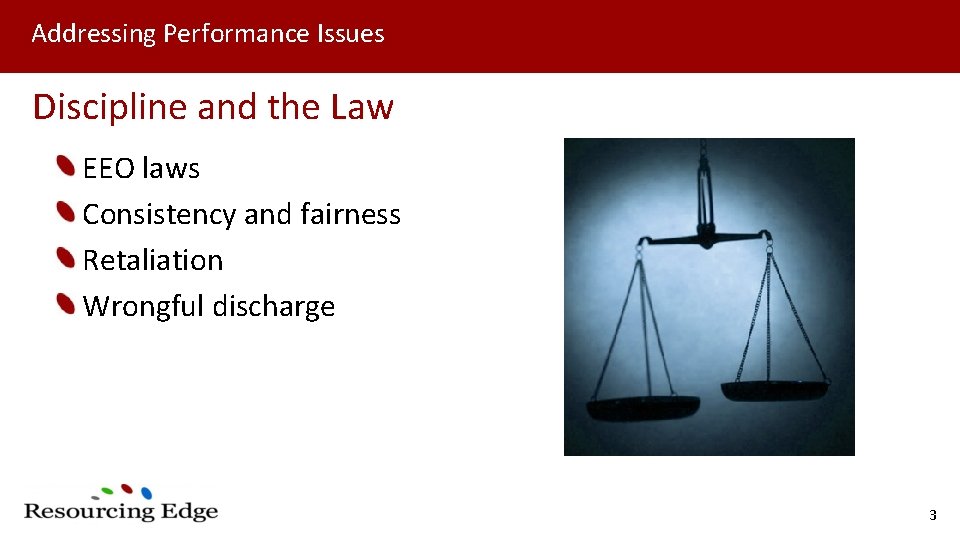 Addressing Performance Issues Discipline and the Law EEO laws Consistency and fairness Retaliation Wrongful