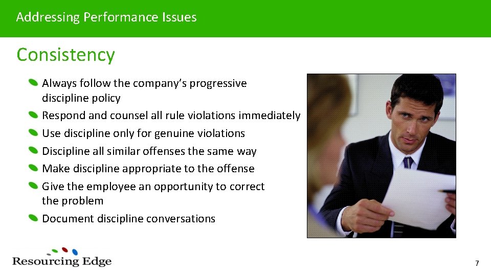 Addressing Performance Issues Consistency Always follow the company’s progressive discipline policy Respond and counsel