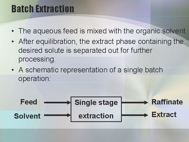 Batch Extraction • The aqueous feed is mixed with the organic solvent • After