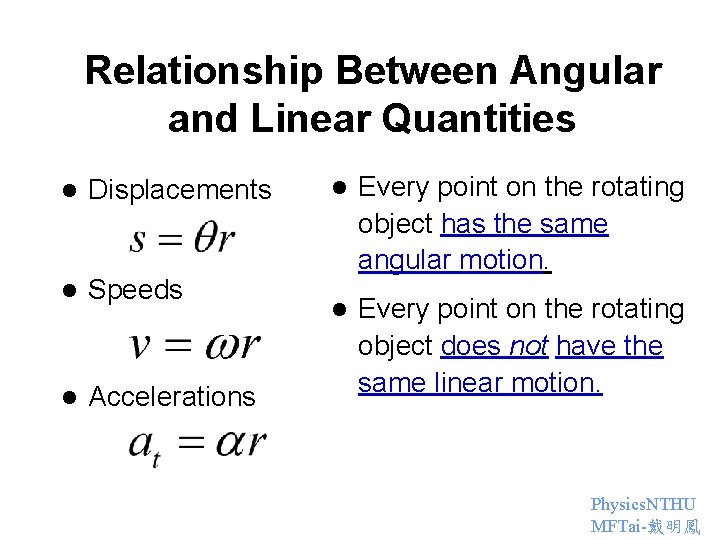 Relationship Between Angular and Linear Quantities l Displacements l Speeds l Accelerations l Every