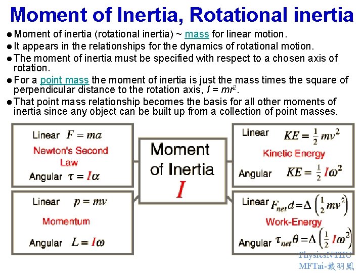 Moment of Inertia, Rotational inertia l Moment of inertia (rotational inertia) ~ mass for