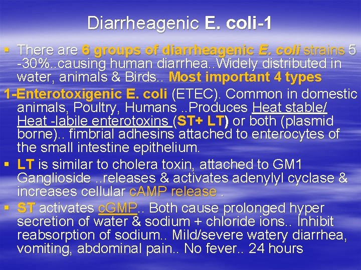 Diarrheagenic E. coli-1 § There are 6 groups of diarrheagenic E. coli strains 5