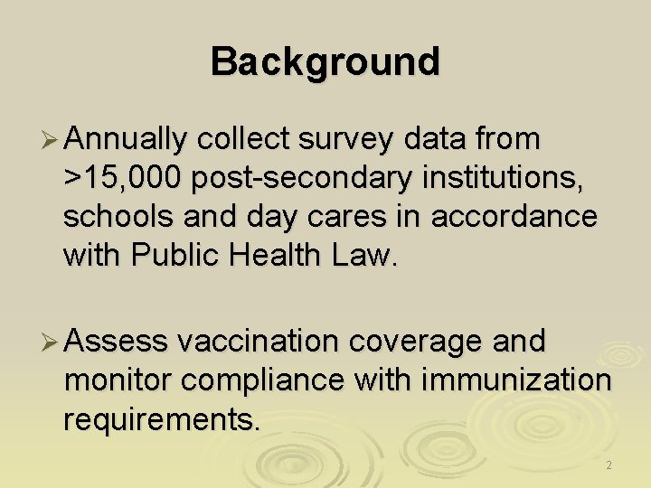 Background Ø Annually collect survey data from >15, 000 post-secondary institutions, schools and day