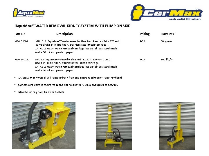 i. Aqua. Max™ WATER REMOVAL KIDNEY SYSTEM WITH PUMP ON SKID Part No Description